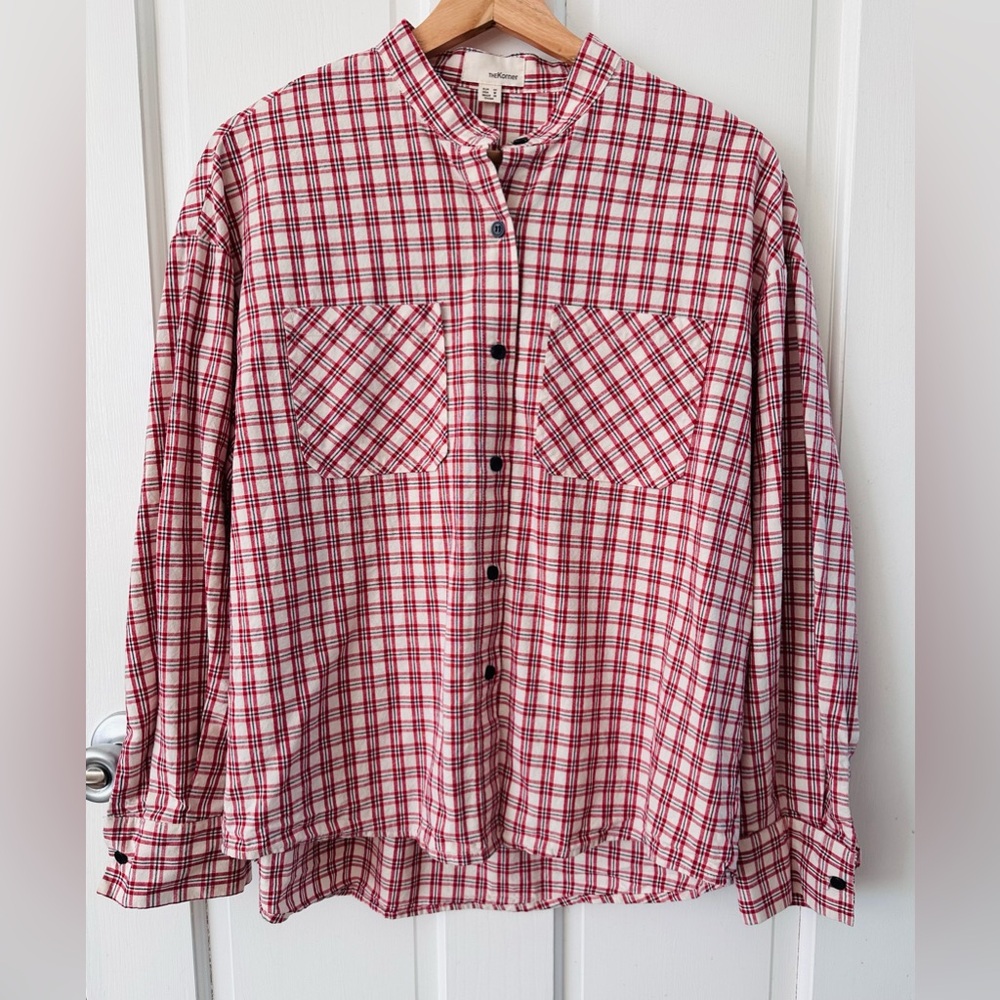 The Korner Red Check Plaid Button Up Shirt Band Collar Pockets Women’s Size M